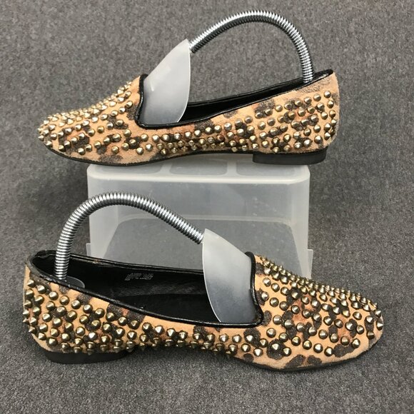 STEVE MADDEN Studly Flats Leather Gold Studs Animal Print Loafer Women's Size 8 - Picture 2 of 7